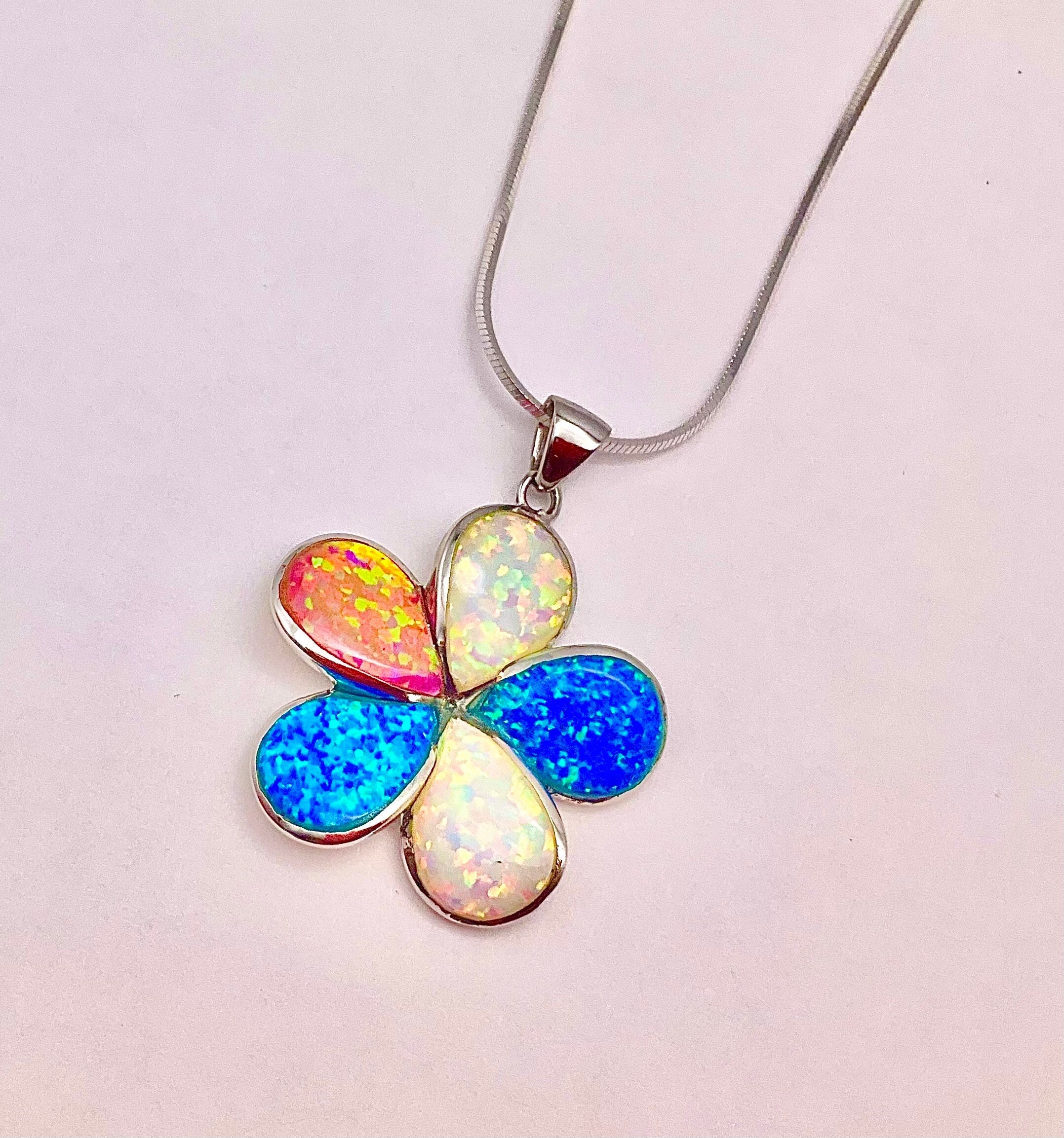 【multicolor】Plumeria opal necklace Large Sterling Silver Multicolor Opal Plumeria Necklace, Flower