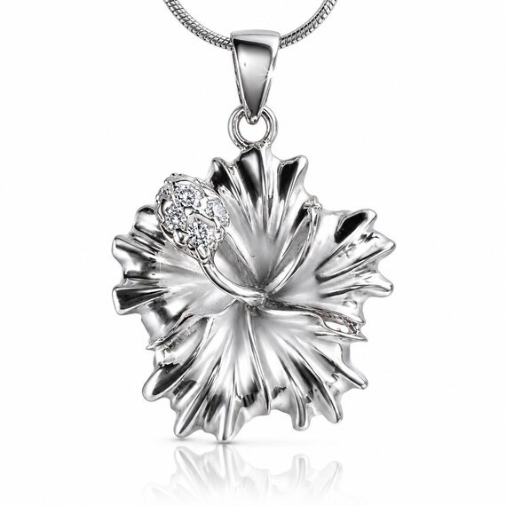 Sterling Silver Hibiscus Necklace, Rhodium Plated, CZ Stem, Made