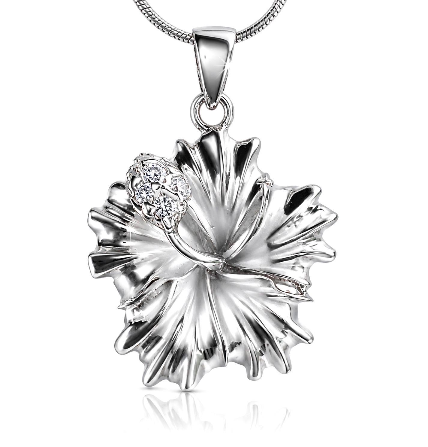 Sterling Silver Hibiscus Necklace, Rhodium Plated, CZ Stem, Made