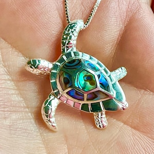Large Sterling Silver Abalone Paua Shell Sea Turtle Honu Hawaiian Necklace, Turtle Pendant, Made In Hawaii, Green Sea Turtle, Paua Shell