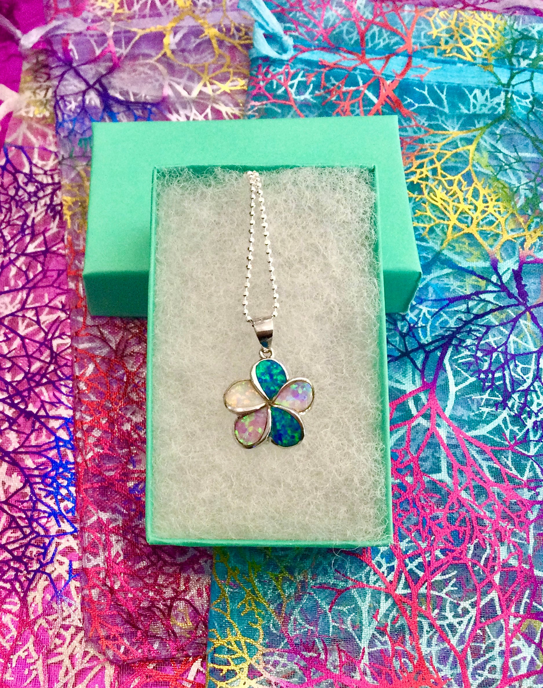 Small Sterling Silver Rhodium Multicolor Opal Plumeria Flower