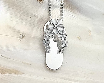 Sterling Silver Hawaiian Plumeria Lei Slipper Flip-Flop Cubic Zirconia Necklace, Flip Flop Jewelry, Hawaii Jewelry, Made In Hawaii