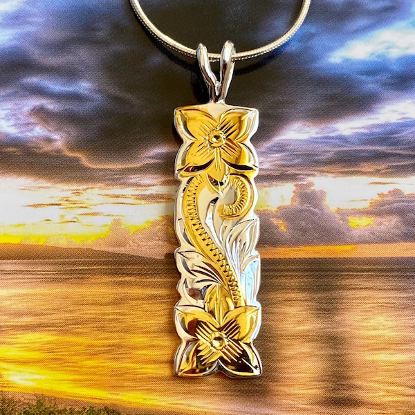 Sterling Silver & Gold Hawaiian Heirloom Engraved Necklace, Hawaiian Jewelry, Island Heritage, Made In Hawaii, Free Chain
