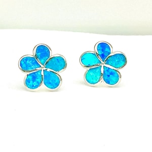 Sterling Silver Blue Opal Plumeria Earrings, Opal Jewelry, Hawaiian Earrings, Plumeria Earrings, Flower Earrings, Hawaiian jewelry, Gift