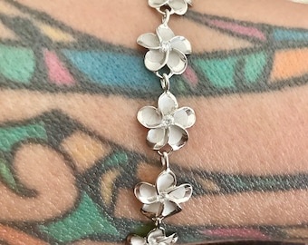 Sterling Silver Cubic Zirconia Plumeria Flower Hawaiian Bracelet, Made In Hawaii, Plumeria Jewelry, Frangipani Bracelet, Hawaii Jewelry