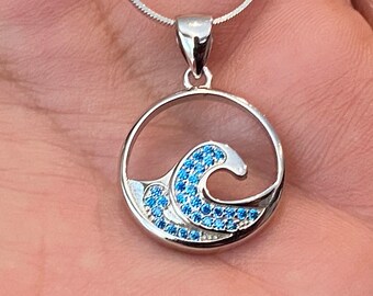 Sterling Silver Blue Topaz Palm Tree Wave Pendant w/ 18" Sterling Chain Sterling Silver Blue Topaz Palm Tree Wave Pendant w/ 18" Sterling Chain