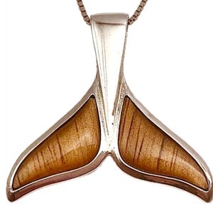 Large Sterling Silver Hawaiian Koa Wood Whale Tail Necklace, Whale Fluke Pendant, Made in Hawaii, Men’s Wood Jewelry