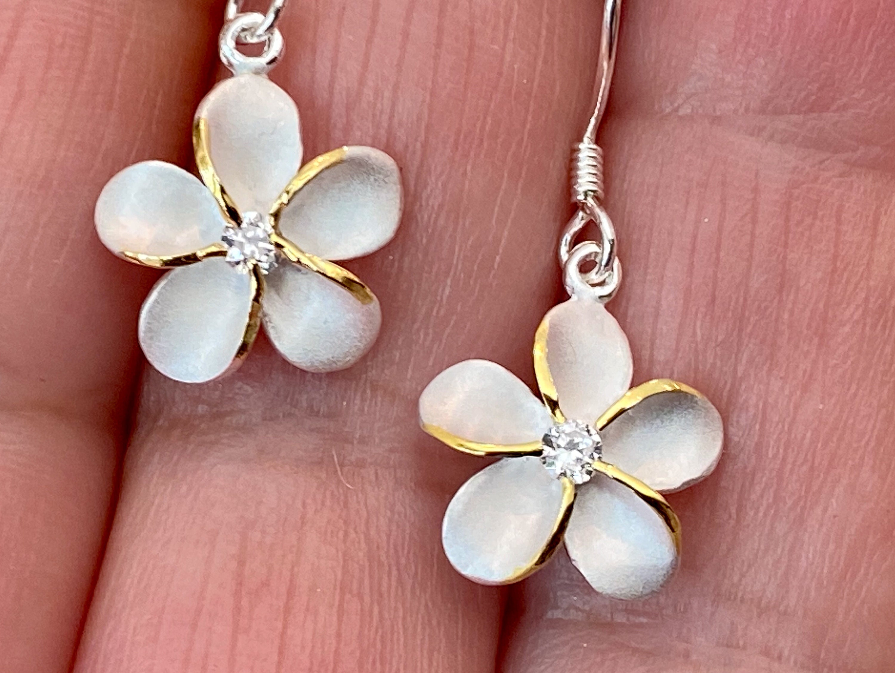 Hawaiian Flower Earrings, Sterling Silver Plumeria Flower