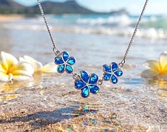 Sterling Silver Blue Opal Hawaiian Maui Plumeria Necklace, Plumeria Necklace, Flower jewelry, Opal Flower Necklace, Made In Hawaii, Lahaina