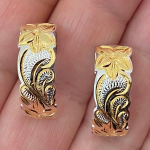 Sterling Silver W/ Gold Accents Hawaiian Heirloom Plumeria Scroll Hoop Earrings, Hawaiian Earrings, Made in Hawaii, Hawaiian Heritage