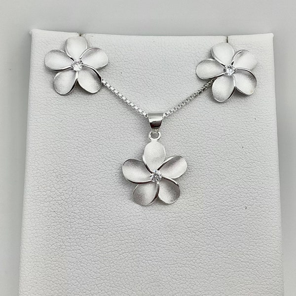 Sterling Silver Hawaiian Plumeria Flower Jewelry Set, Plumeria Jewelry Set, Frangipani Jewelry Set, Hawaii jewelry, Made In Hawaii, Plumeria