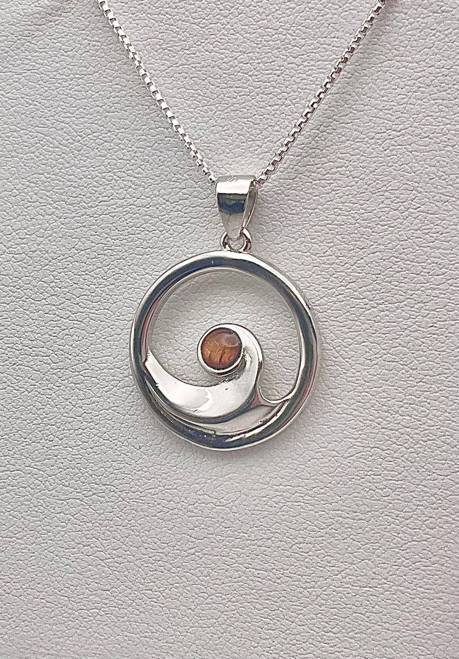 Sterling Silver Hawaiian Koa Wood Ocean Wave Necklace, Wave