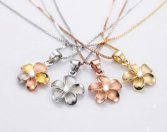 Sterling Plumeria Necklace, Pua Melia, Rose Plumeria, Gold