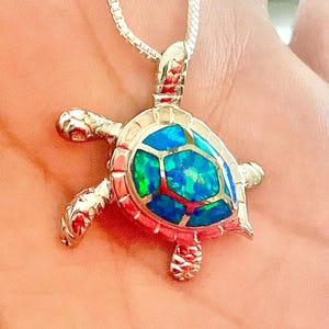 Blue Fire Opal Sterling Silver Sea Turtle Honu Hawaiian Necklace, Made In Hawaii, Green Sea Turtle, Maui Jewelry, Opal Turtle Necklace