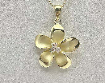 Sterling Silver W/ 14K Gold Hawaiian Plumeria Pendant, Plumeria Necklace, Plumeria jewelry, Made In Hawaii, Gold Plumeria Necklace