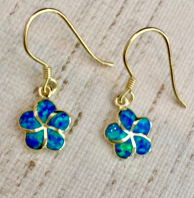 Made In Hawaii Hawaiian Jewelry Gold Flower Jewelry Pua Melia Blue Opal Sterling Silver w 14K Gold Plumeria Earrings Green Opal
