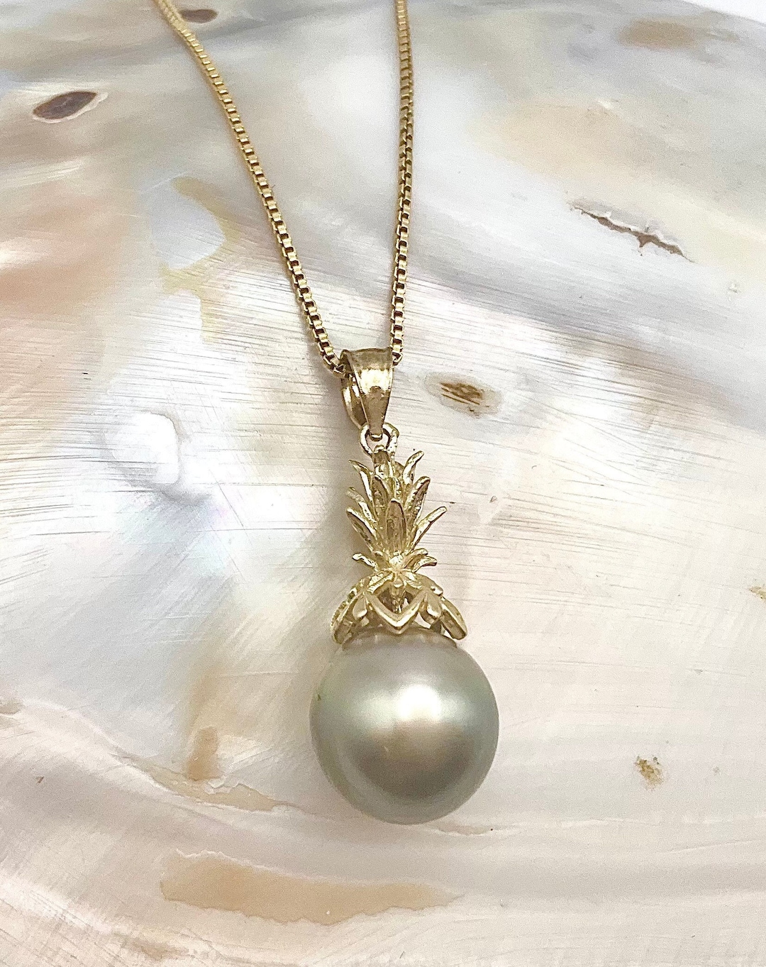 14K Gold Hawaiian Pineapple Tahitian Pearl Necklace, Pearl Jewelry
