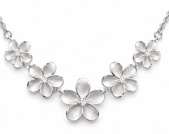 Sterling Silver Plumeria Flower Necklace, Hawaiian Lei Style, Tropical Jewelry