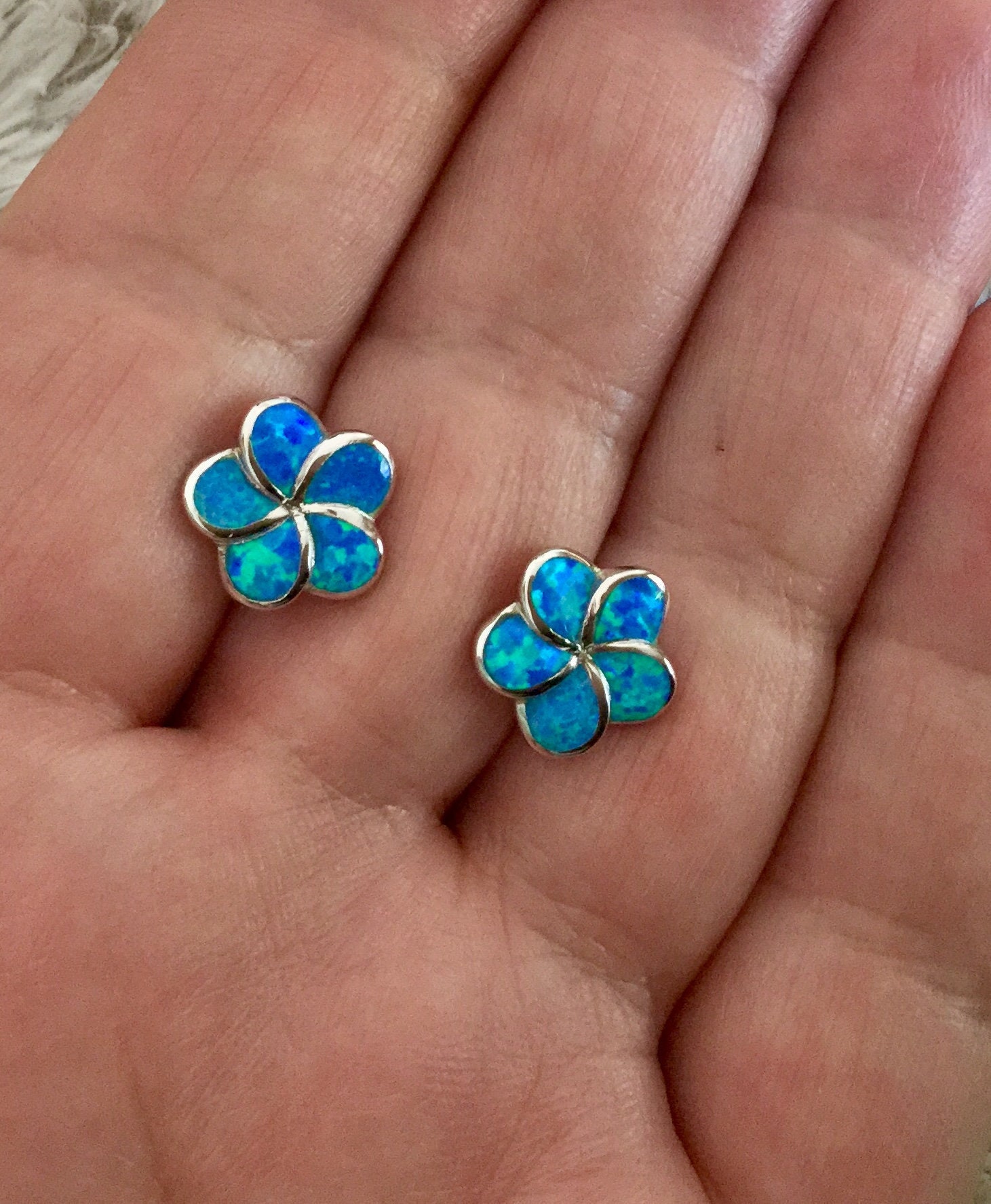thumbnail image 2 of 925 Sterling Silver Hawaiian Plumeria Flower Post Stud Earrings – 12mm, Blue Green Opal Inlay 2 of 4
