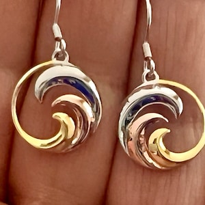 Sterling Silver Tricolor Wave Earrings, Wave Jewelry, Gold Earrings, Wave Earrings, Made In Hawaii, Na apo pepeiao gula nani
