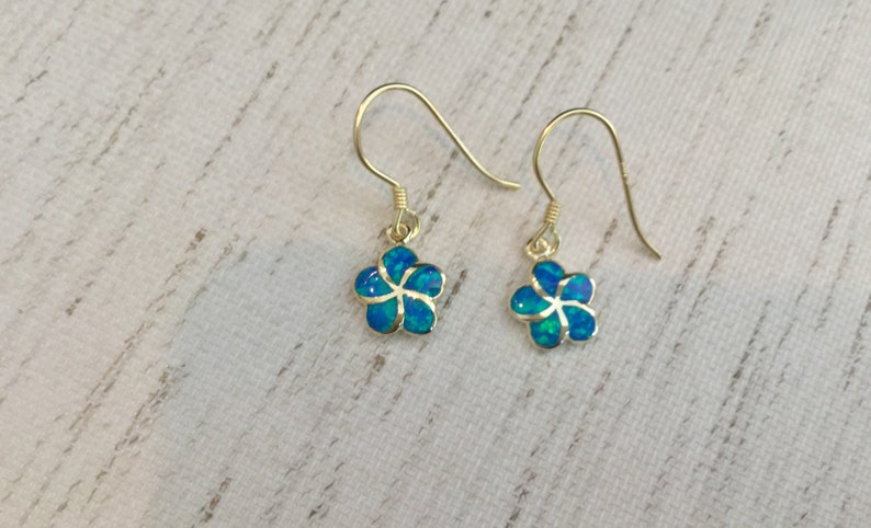 Made In Hawaii Hawaiian Jewelry Gold Flower Jewelry Pua Melia Blue Opal Sterling Silver w 14K Gold Plumeria Earrings Green Opal