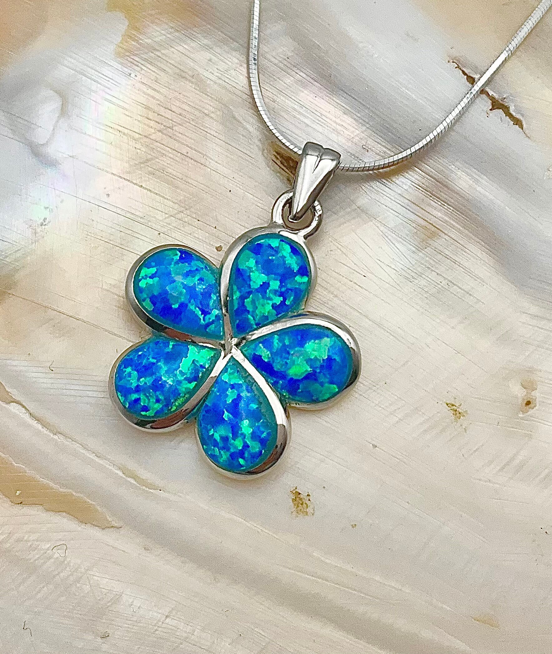 Sterling Silver Blue Fire Opal Plumeria Necklace, Hawaiian Floral