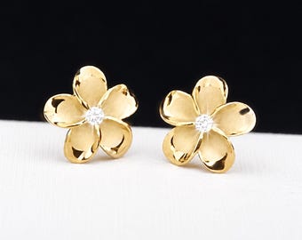 Plumeria Earrings, Sterling Silver Gold Earrings, Plumeria Earrings, Flower Studs, Gold Flower Earrings, Made In Hawaii, Plumeria Jewelry