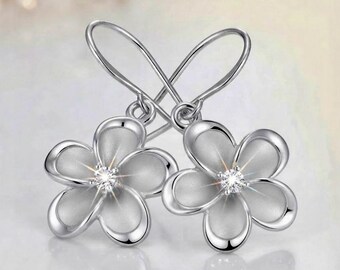 Rhodium Sterling Silver Plumeria Flower CZ Earrings, Plumeria Earrings, Hawaiian jewelry, Made In Hawaii