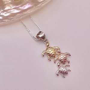 Small Sterling Silver w/14K and Rose Sea Turtle Family Hawaiian Necklace, Tricolor Turtle, Ocean Jewelry, Hawaiian Jewelry, Made In Hawaii