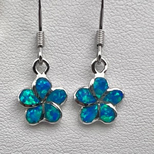 Small Blue Opal Sterling Silver Plumeria Flower Earrings, Childrens Earrings, Opal Jewelry, Hawaii jewelry, Made In Hawaii, Plumeria, Opal