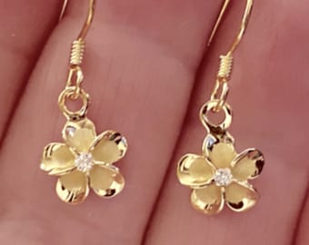 Flower Earrings, Small Sterling Silver w/ 14K Gold Plumeria Earrings, Hawaii Jewelry, Plumeria Jewelry, Hawaii Gift, Made In Hawaii, Flower