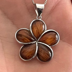 Sterling Silver Hawaiian Plumeria Flower Frangipani Koa Wood Necklace, Wood Jewelry, Hawaii Jewelry, Made in Hawaii, Pua Laʻi Uʻi