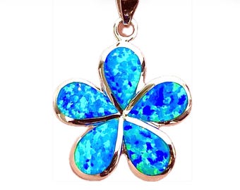 Luxe Blue Opal Sterling Silver Hawaiian Blue Fire Opal Plumeria Floral Necklace with Free Chain up to 20”, Made In Hawaii, Friendship Gift
