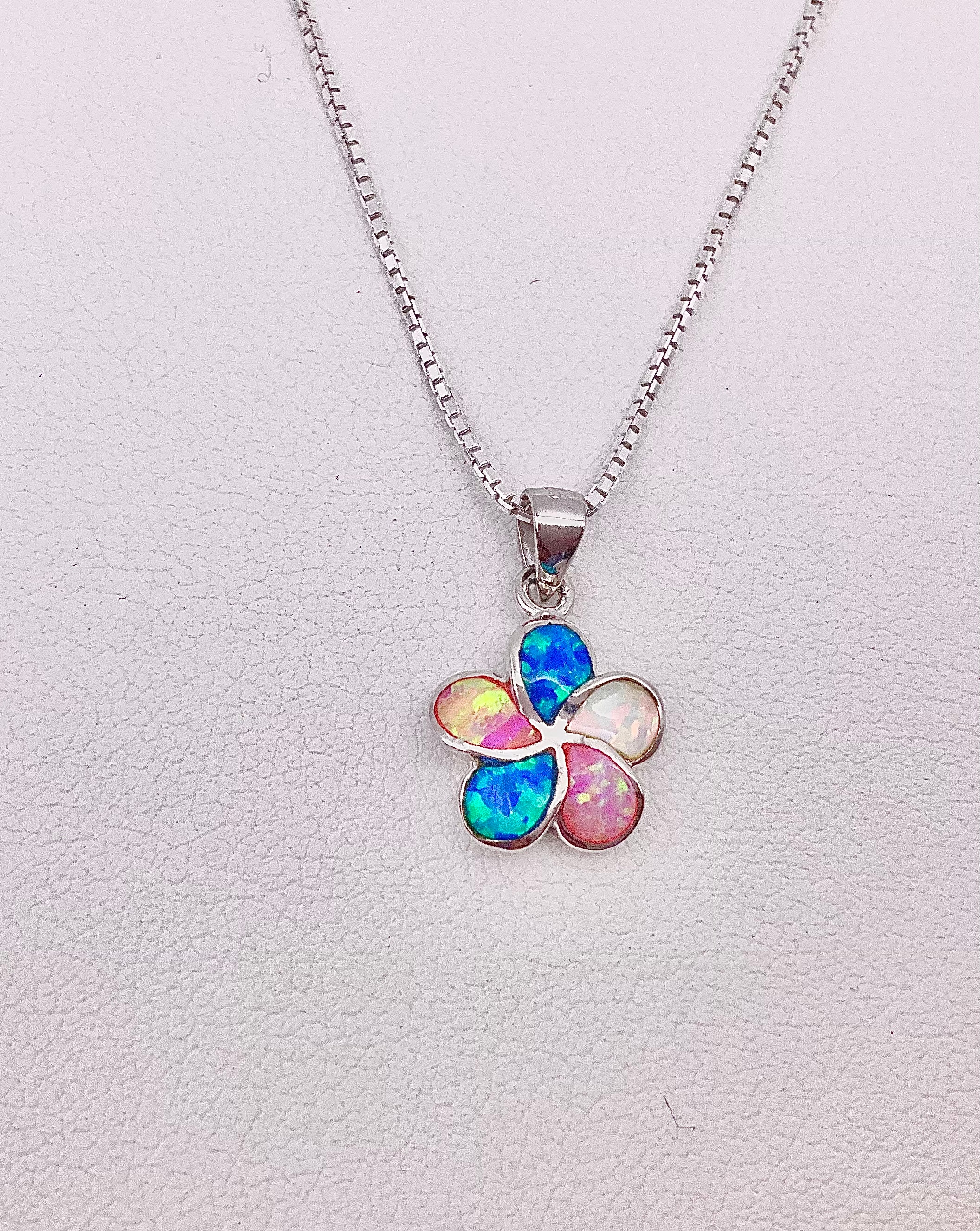 【multicolor】Plumeria opal necklace Sterling Silver Small Multicolor Lab Opal Hawaiian Plumeria Flower