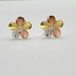 Small Sterling Silver Tricolor Hawaiian Plumeria Flower Stud Post Earrings, Hawaii Jewelry, Gold Plumeria, Made In Hawaii, Flower Studs