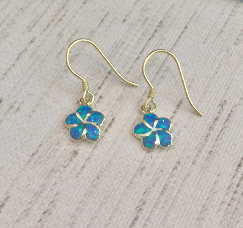 Made In Hawaii Hawaiian Jewelry Gold Flower Jewelry Pua Melia Blue Opal Sterling Silver w 14K Gold Plumeria Earrings Green Opal