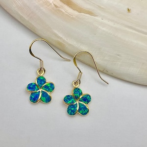 Gold Flower Jewelry, Blue Opal, Green Opal, Sterling Silver w/ 14K Gold Plumeria Earrings, Made In Hawaii, Hawaiian Jewelry, Pua Melia