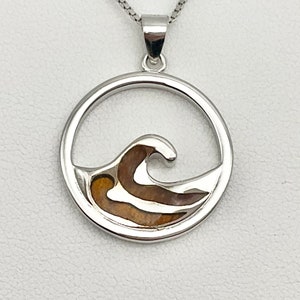 Hawaiian Koa Wood Sterling Silver Wave Necklace, Hawaiian Jewelry, Made In Hawaii, Wave Jewelry, Wave Pendant, Nalu laau i ka moana