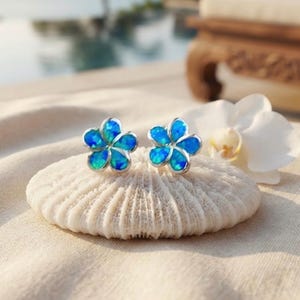 Small Sterling Silver Blue Opal Plumeria Stud Earrings, Rhodium, Hawaiian Jewelry, Made In Hawaii