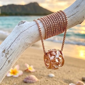 Sterling Silver Rose Gold Plumeria Puka Lei Barrel Necklace, Free Chain, Hawaiian Jewelry, Made In Hawaii