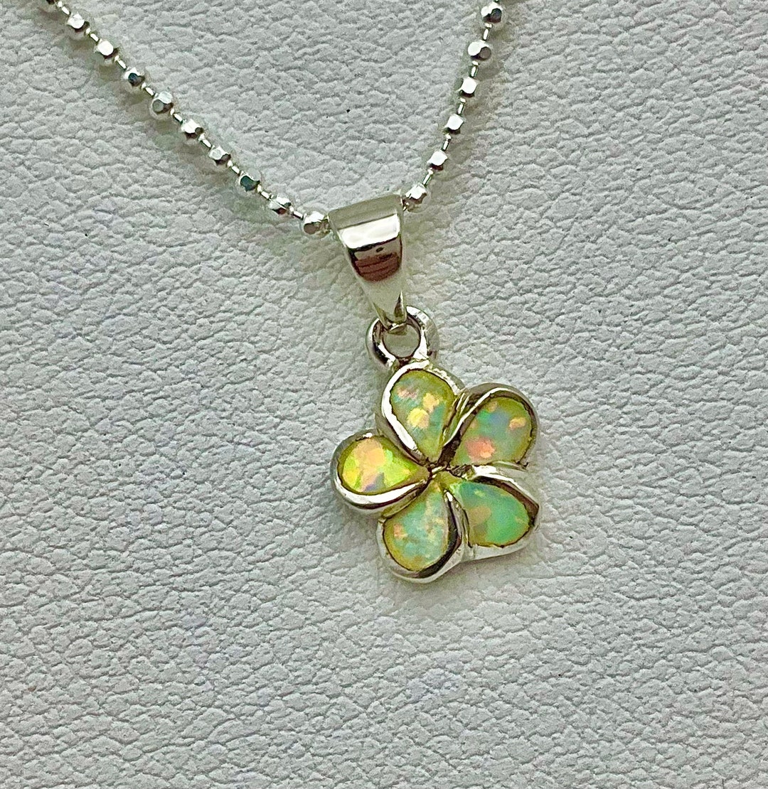 Ciondolo Fiore Di Plumeria Hawaiana Con Opale Intarsiato - Argento Sterling 925, 12mm, Nuovo Senza Etichette