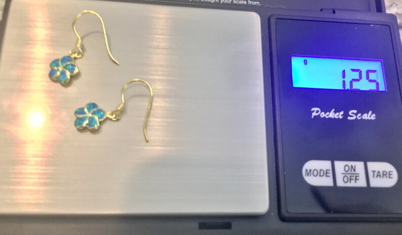 Made In Hawaii Hawaiian Jewelry Gold Flower Jewelry Pua Melia Blue Opal Sterling Silver w 14K Gold Plumeria Earrings Green Opal