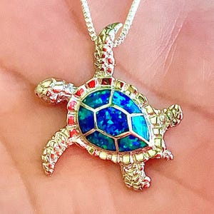 Sterling Silver Blue Opal Sea Turtle Necklace, Hawaiian Necklace, Turtle Necklace, Honu Jewelry, Opal Jewelry, Made In Maui, Hawaii Jewelry