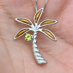 Palm Tree Necklace, Wood Jewelry, Koa Wood Jewelry, Peridot Jewelry, Hawaiian Jewelry, Beach Jewelry, Hawaiian Necklace, Made In Hawaii