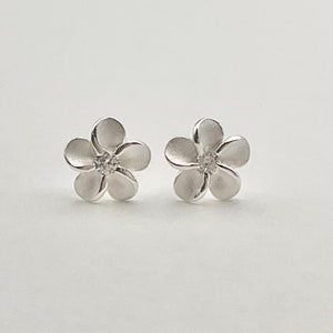 Very Small Sterling Silver Hawaiian Plumeria Cubic Zirconia Stud Earrings, Hawaiian Earrings, Plumeria Earrings, Tiny Studs, Made In Hawaii