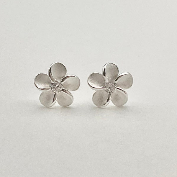 Small Sterling Silver Hawaiian Plumeria Cubic Zirconia Stud Earrings, Hawaiian Earrings, Plumeria Earrings, Tiny Studs, Made In Hawaii