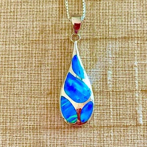 Small Sterling Silver Lab Blue Fire Opal Teardrop Necklace, Hawaiian Jewelry Gift, Pele’s Tears Pendant, Made in Hawaii, Ocean Necklace