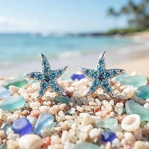 Small & Dainty Blue Topaz Starfish Stud Earrings, Rhodium Sterling Silver Hawaiian Jewelry, Made In Hawaii
