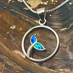 925 Sterling Silver Hawaiian Blue Fire Opal 3-D Whale Mermaid Tail Necklace, Hawaiian jewelry, Whale Tail, Whale Fluke, Made In Hawaii