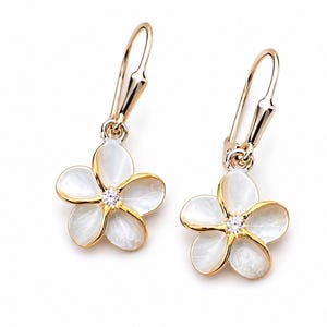 Small Sterling Silver W/ Gold Accent Plumeria Flower Cubic Zirconia Leaverback Hawaiian Earrings